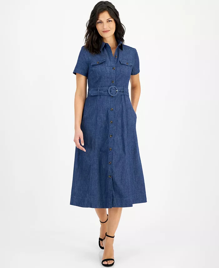 Anne Klein Women's Stretch Denim Belted Midi Shirt Dress - Macy's | Macy's