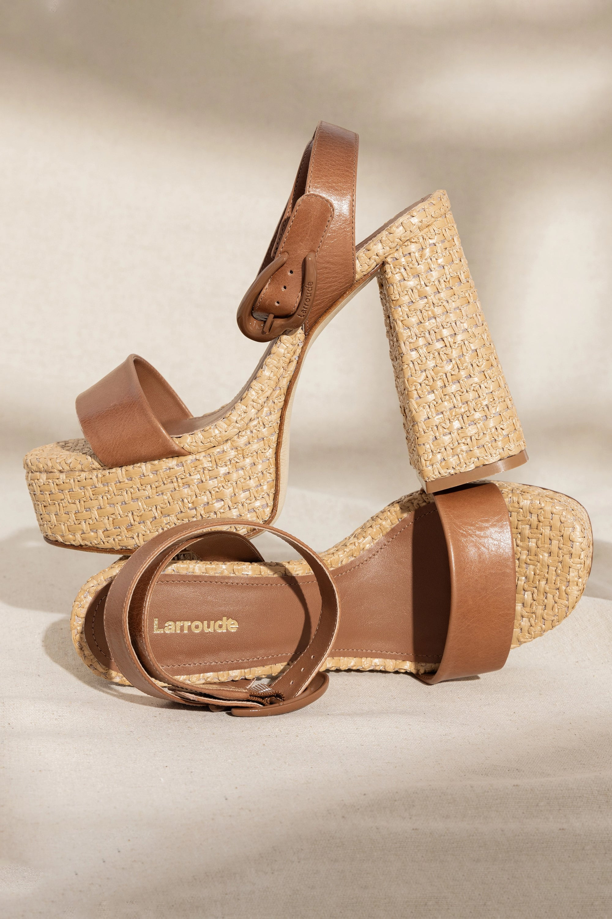Dolly Verona Sandal In Caramel Leather and Natural Raffia | Larroude