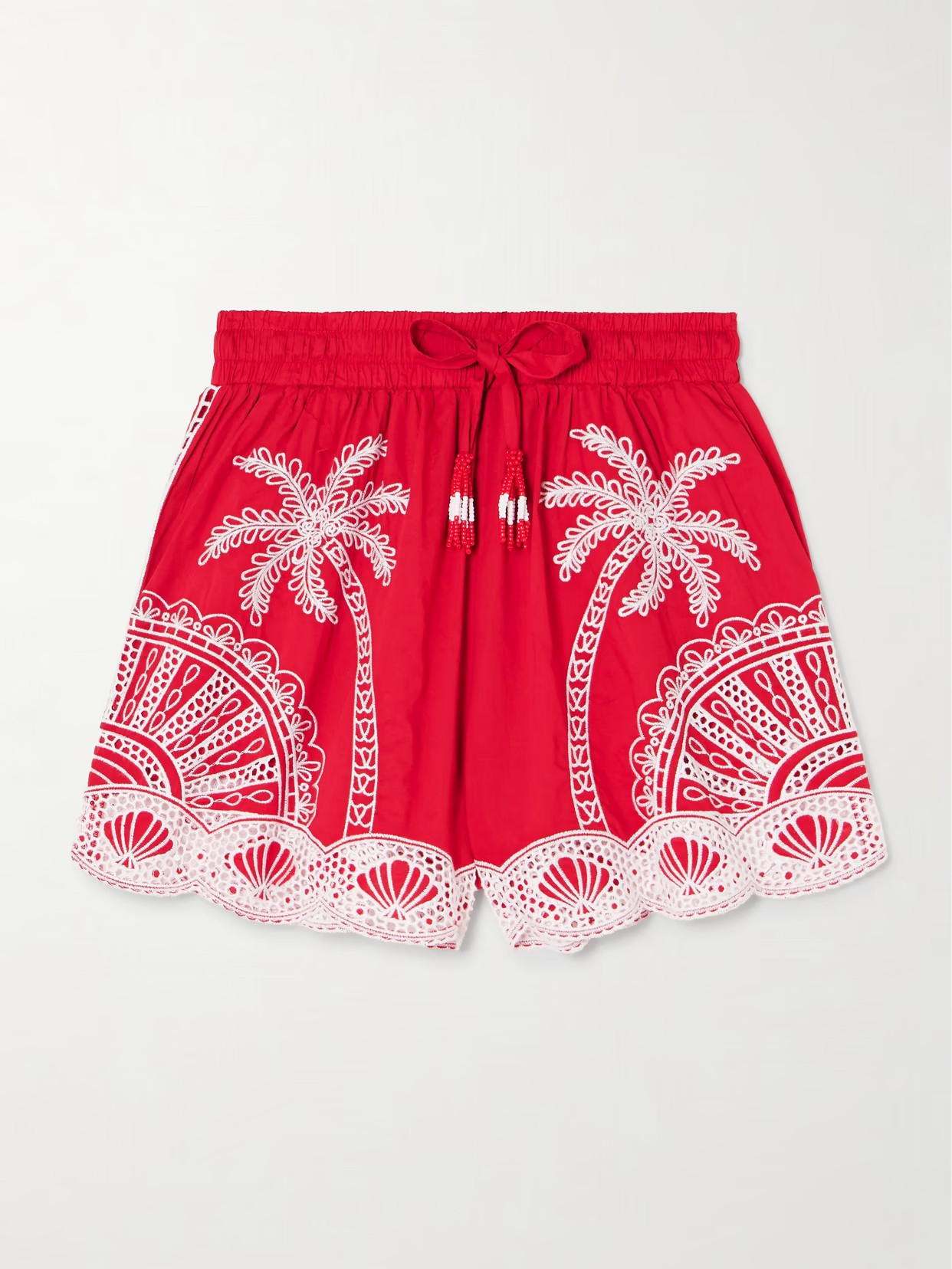 Farm Rio - Scalloped Broderie Anglaise Cotton Shorts - Red | NET-A-PORTER (US)