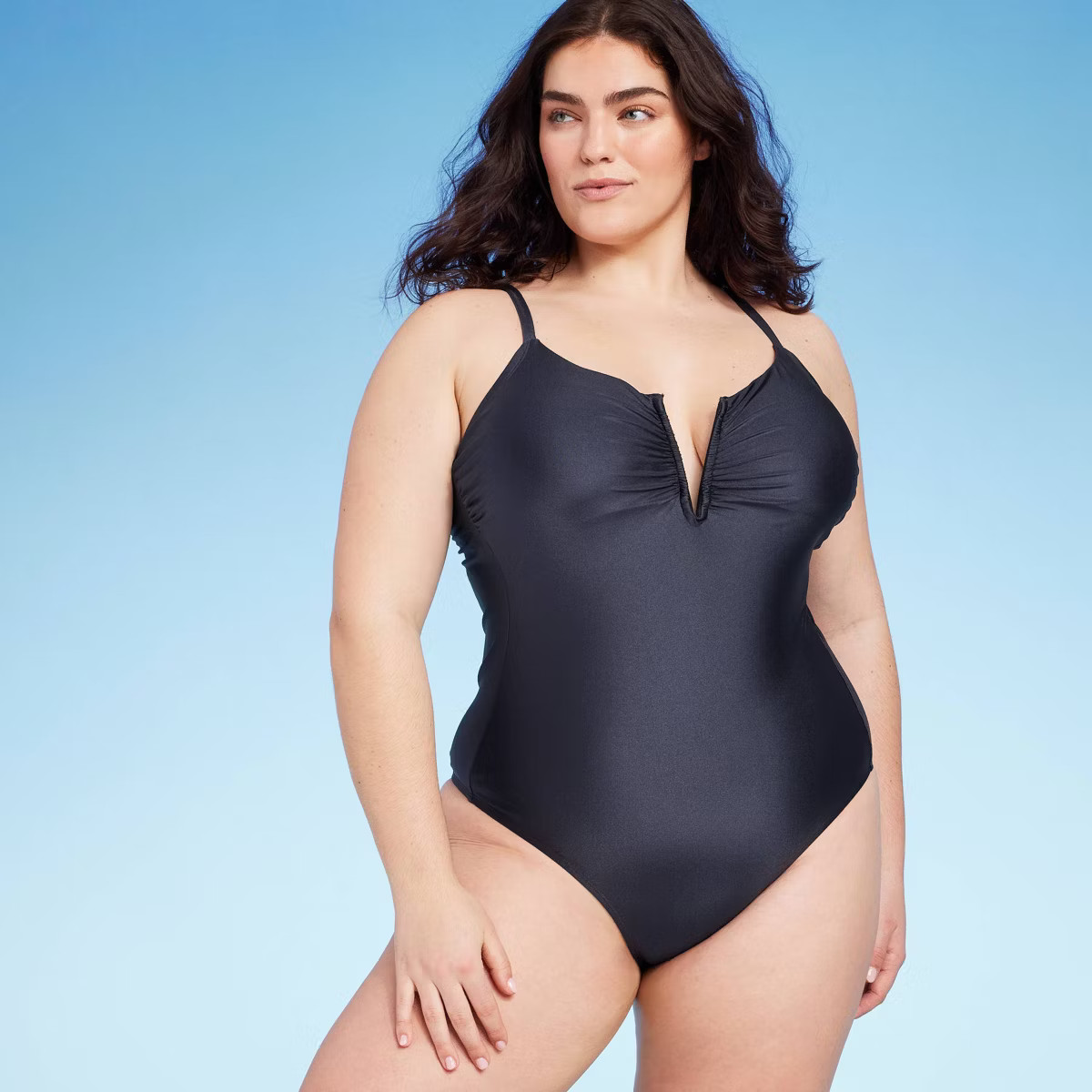 Women's Shirred V-Wire Plunge One Piece Swimsuit - Shade & Shore™ Dark Gray Shine | Target