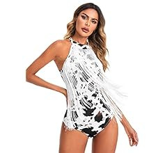 Women's Fringe Trim Sleeveless Bodycon Halter Bodysuit Top | Amazon (US)