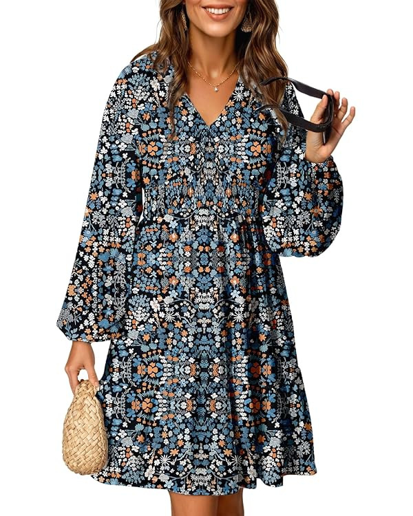Dokotoo Womens Dresses Boho V Neck Smocked Elastic Waist Long Sleeve Dress | Amazon (US)