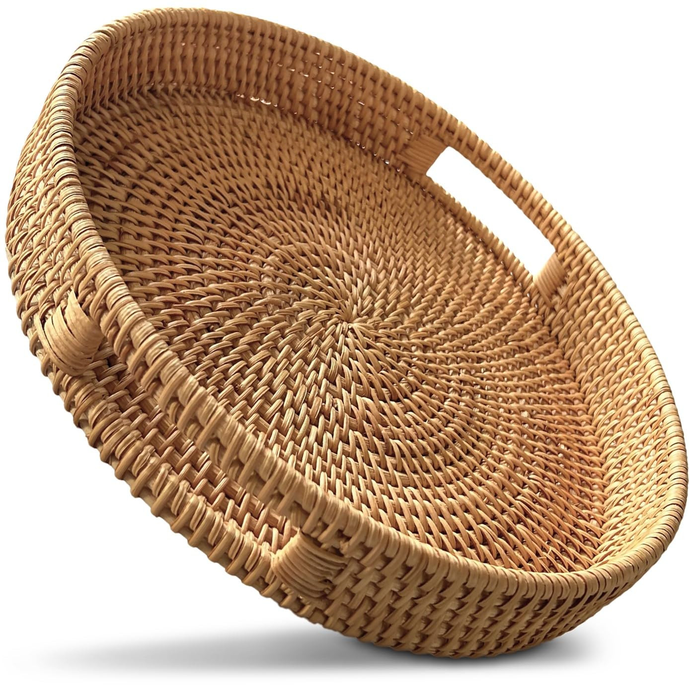 Rattan Tray for Coffee Table - Round Decorative Tray with Handles for Serving - Natural Woven Fla... | Amazon (US)