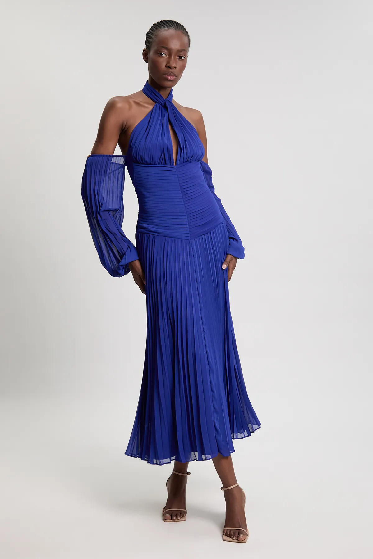 Cobalt Petite Crinkle Cold Shoulder Georgette Woven Maxi Dress | Karen Millen USA | Karen Millen