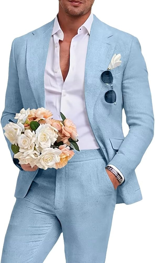 Aowdoy Men's Linen Suit 2 Piece Slim Fit Summer Beach Wedding Dress Tux Prom Suit Blazer Jacket a... | Amazon (US)