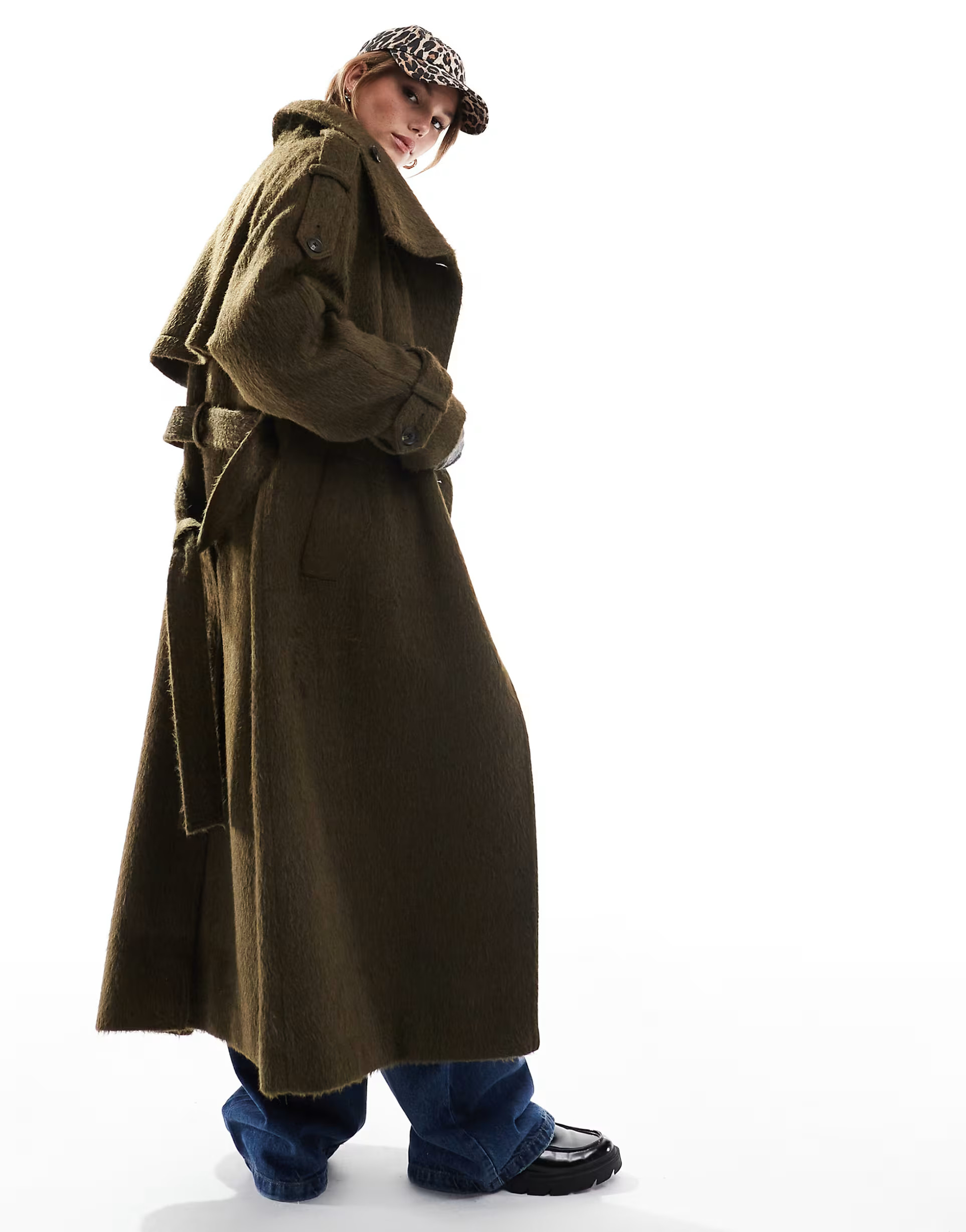 ASOS DESIGN brushed funnel neck trench coat in khaki | ASOS (Global)