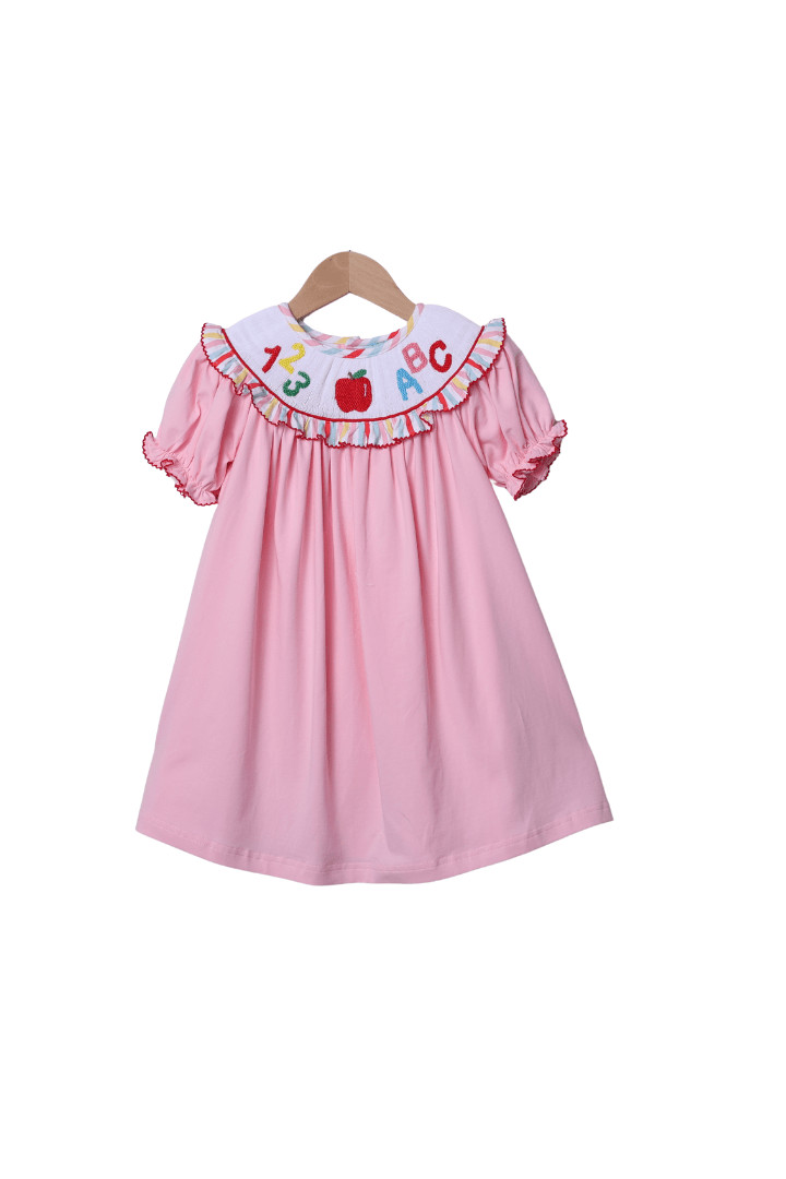 Smocked ABC/123 Pink/Multi Color Stripe Dress | The Smocked Flamingo