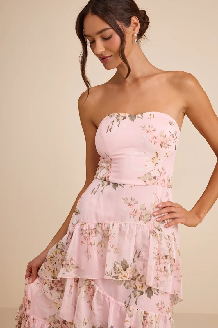 Niyati Blush Floral Strapless Tiered Maxi Dress | prom dresses | prom dress | Lulus