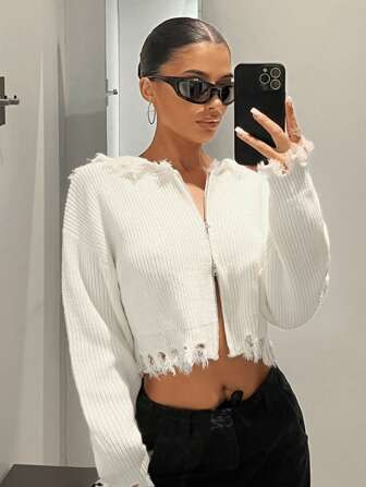 SHEIN ICON Fall Clothes Women Drop Shoulder Raw Hem Zip Up Crop Cardigan | SHEIN