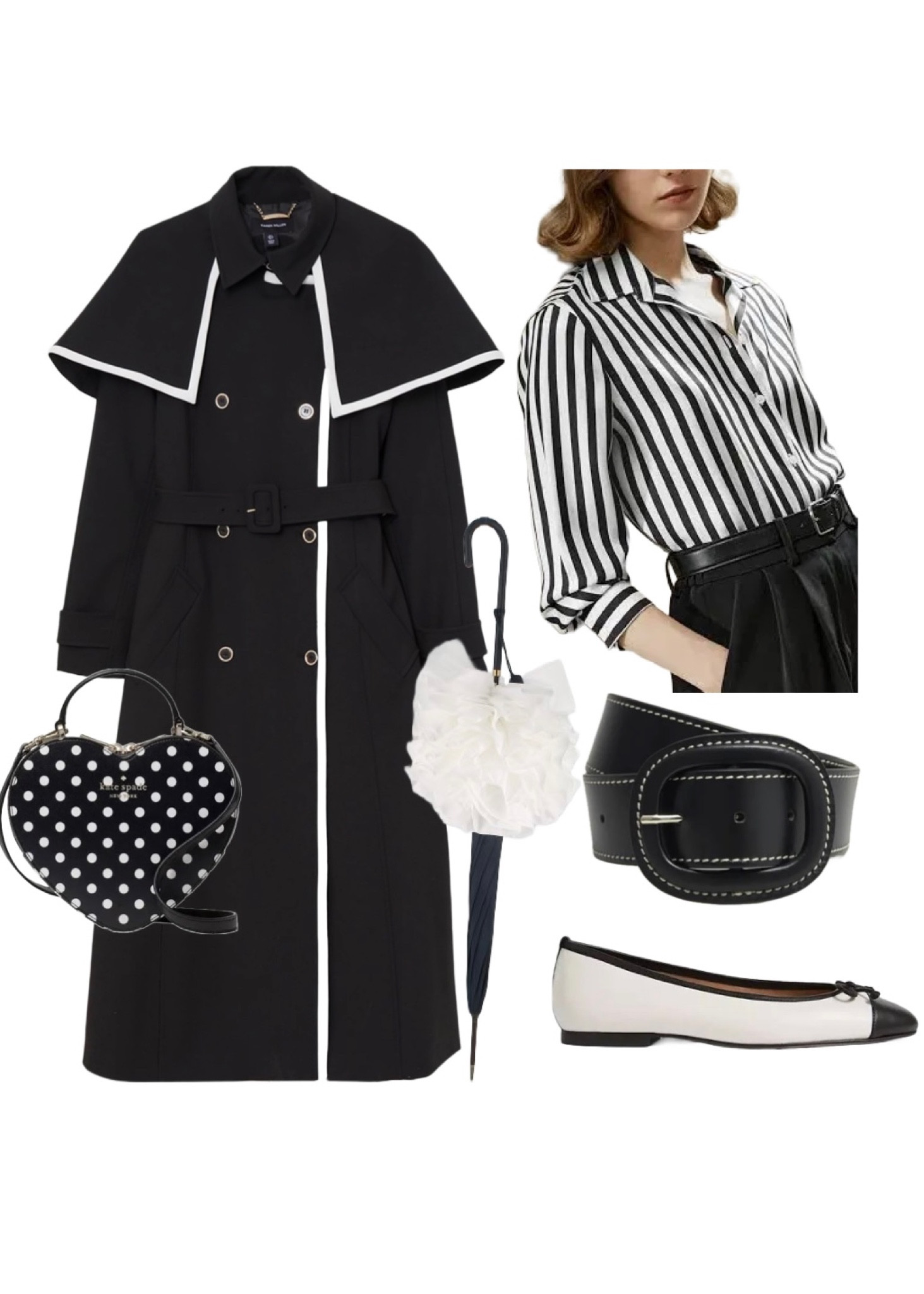 When Coco Met Sherlock… Coco Chanel loved classic British style, so I hope she would have approved of this classic yet fun and contemporary monochrome outfit. Wear to work or for a date, partner the Karen Millen Cape Contrasr Trench Coat with the beautiful Amalfi black and white silk shirt by LilySilk, the black leather Abbie belt by Hobbs London (wear with the trouser outfit or as the belt for the coat), Kara black and white Ballerina flats by LK Bennett (use my 15% discount code REBECCALIPKINAUTHOR15 on full price styles!), a black and white My Fair Lady inspired frill umbrella from Galerie Lafayette in Paris, and finally the Multi Heart Black and White Crossbody by Kate Spade - on sale at Brandalley! I’ve even added a perfume suggestion. Happy shopping 🛒 

#LTKuk #LTKWinterSale #LTKluxury