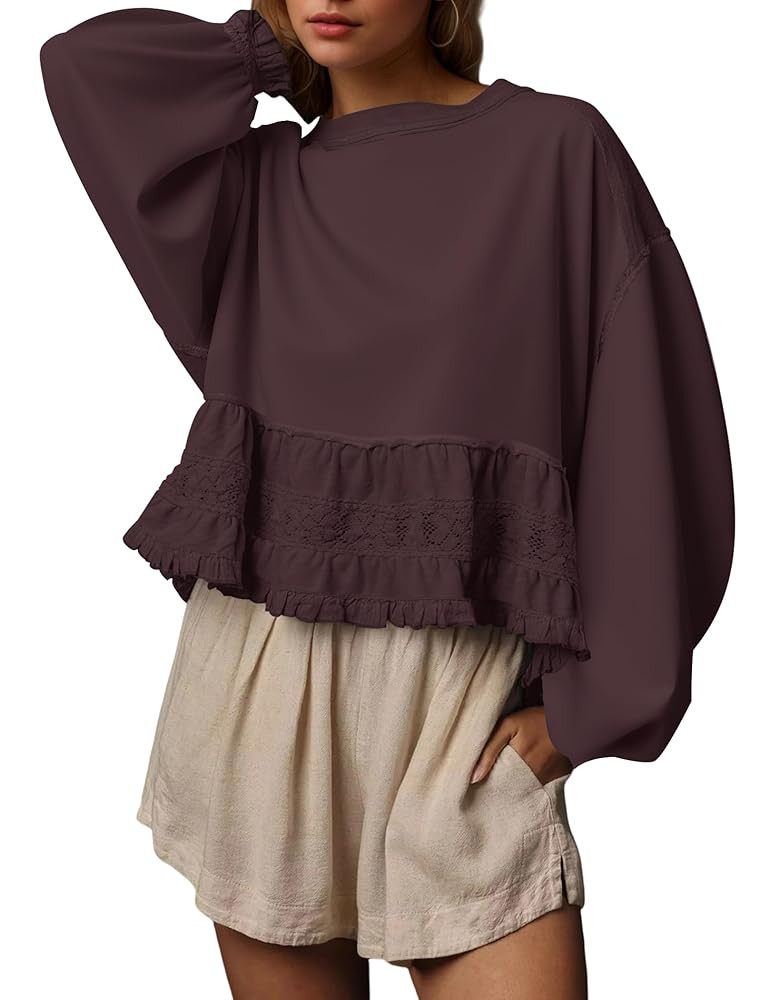 Crew Neck Crop Oversized Sweatshirts For Women Casual Long Puff Sleeve Babydoll Tops Loose Lace P... | Amazon (US)
