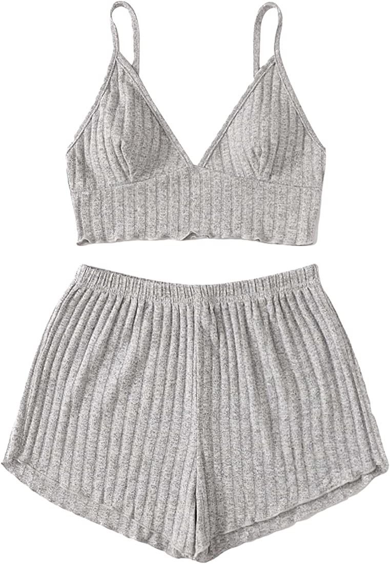 SOLY HUX Women's Sleepwear 2 Piece Lounge Set Pajama Set Rib Knit Spaghetti Strap Bralette Top an... | Amazon (US)