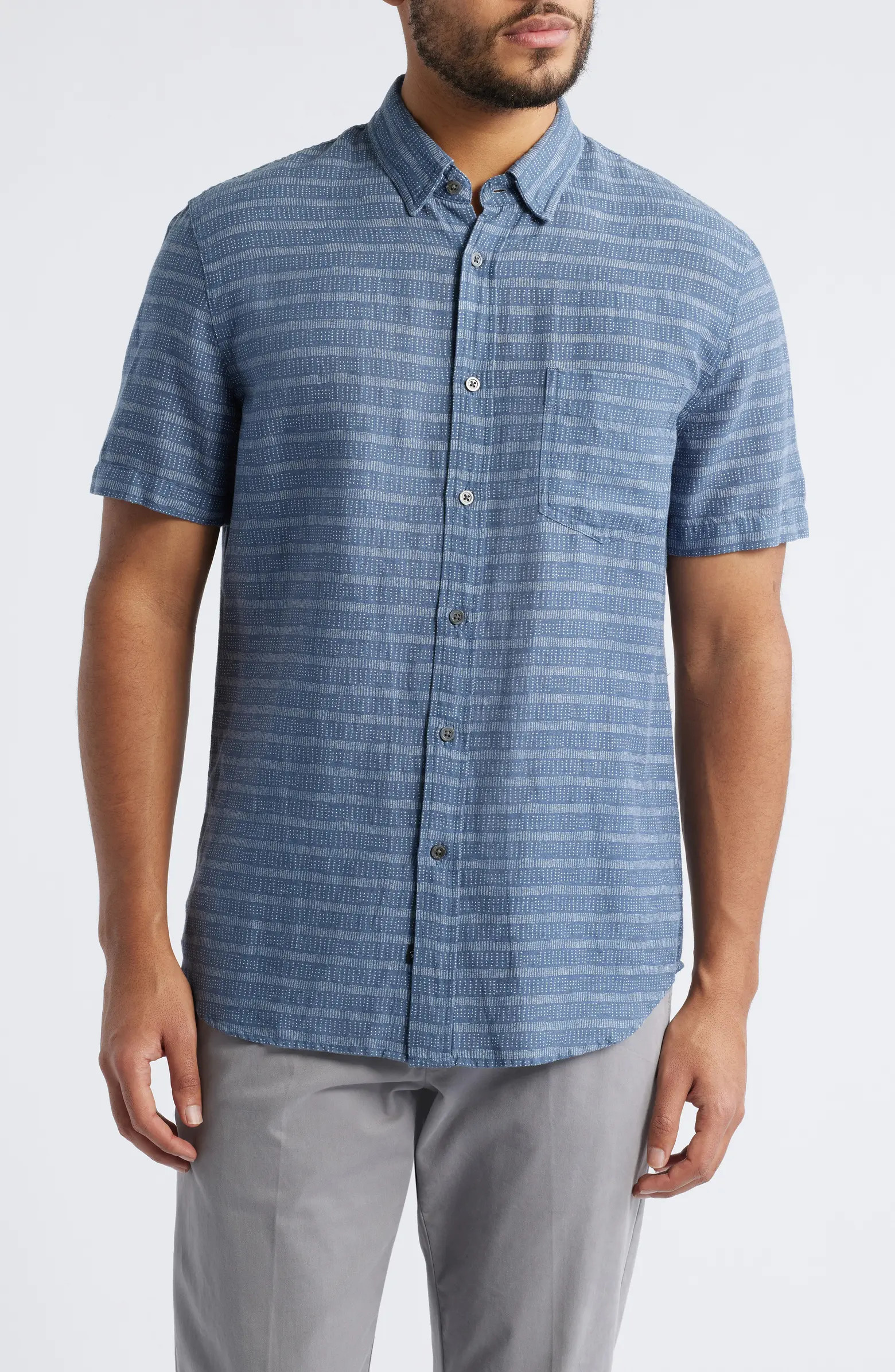Carson Stripe Short Sleeve Stretch Linen Blend Button-Up Shirt | Nordstrom