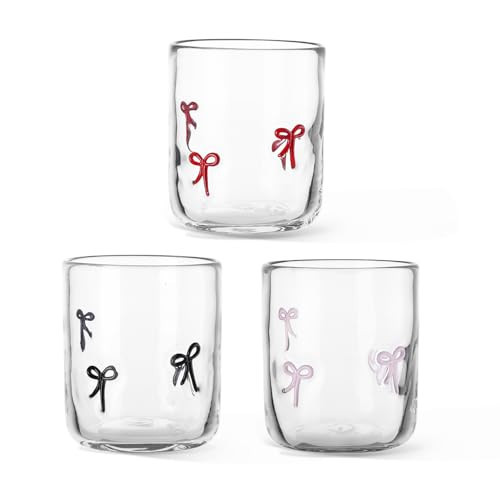 PRERUICHI 3 pcs Bow Icon Juice Glass Coquette Aesthetic Cup 14 ounce Double Old Fashioned Icon Handblown Cocktail Glass for Women Friend Sister Party（Red Black Pink） | Amazon (US)
