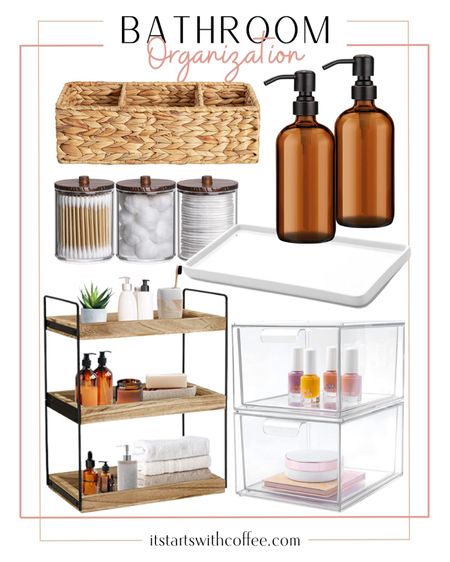 Bathroom organization includes clear acrylic containers, tiered organizer, amber glass soap dispenser, white tray, canisters, wicker storage container.

Home decor, bathroom decor, bathroom storage, bathroom organization 

#LTKhome #LTKfamily #LTKstyletip