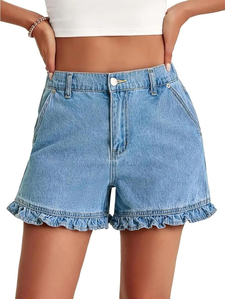 utcoco High Waist Ruffle Hem Denim Shorts Women 2026 Casual Loose Frilled Trim Summer Jean Shorts... | Amazon (US)