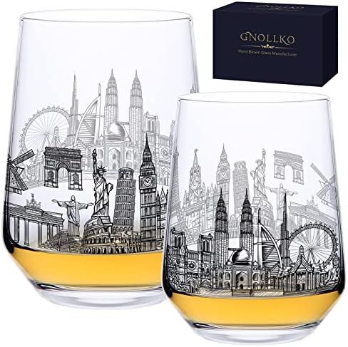Gnollko World Landmarks Stemless Wine Glass Set of 2-Travel Lover Gifts, Travelling Souvenir Wine... | Amazon (US)