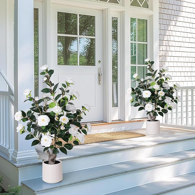 2 pcs Pack Artificial Camellia Tree with White Planter - 39 inch Tall Fake Tree,3.2 Ft Artificial... | Amazon (US)