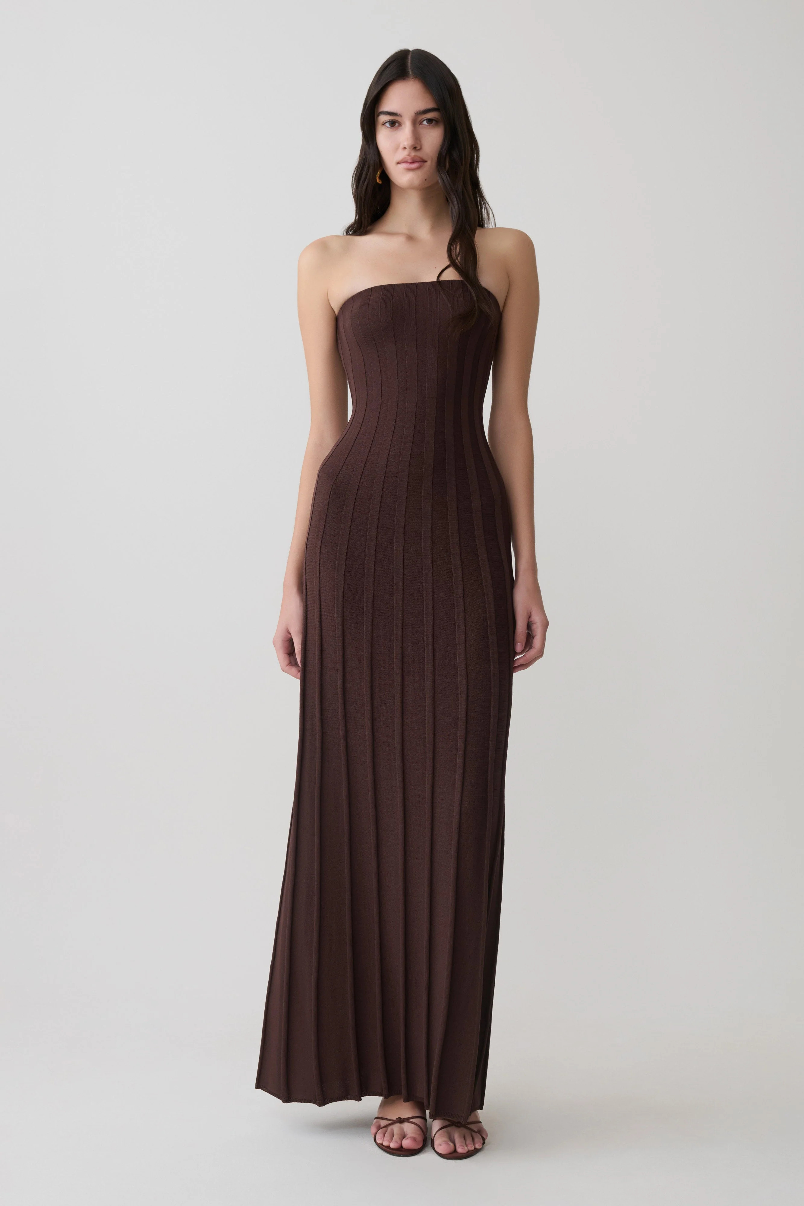 Pia Ribbed Strapless Maxi Dress - Chocolate | Meshki UK