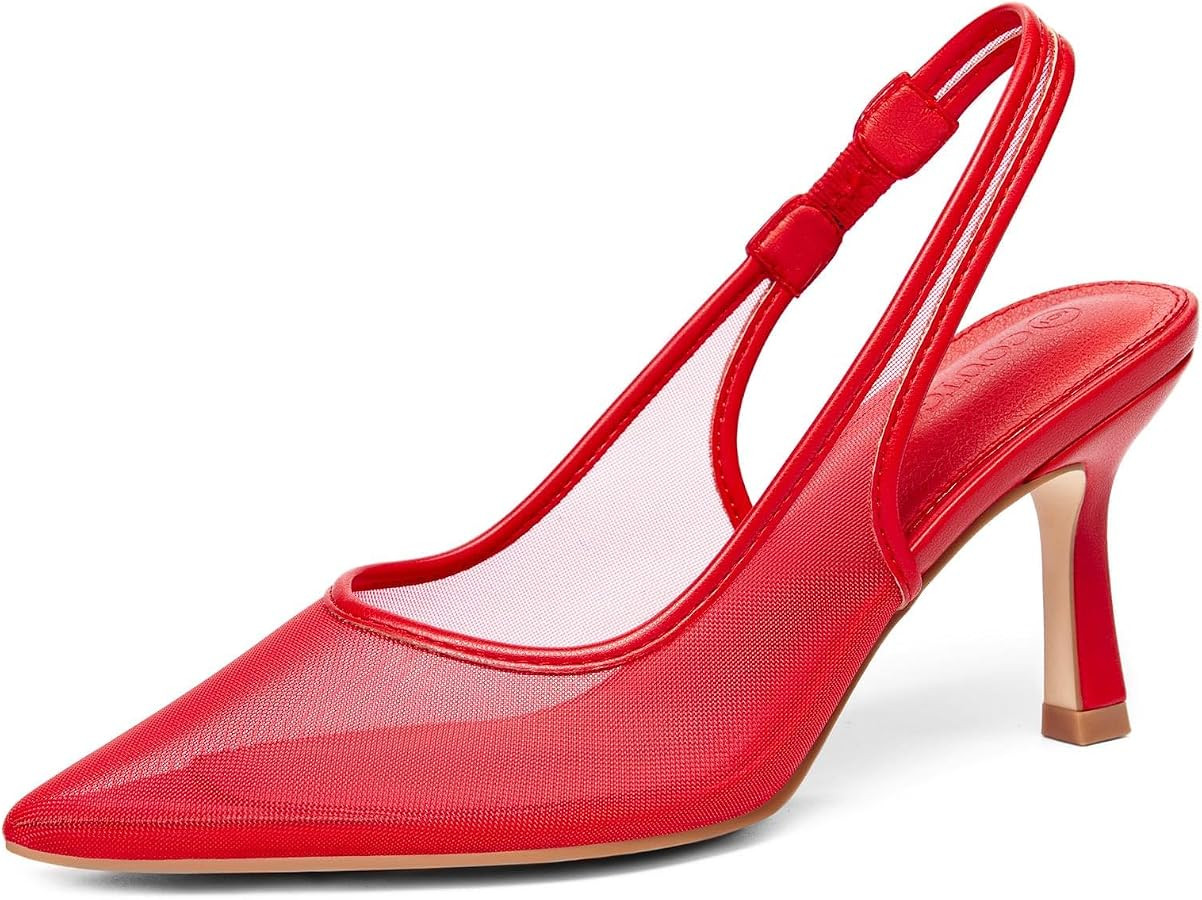 Coutgo Womens Mesh Slingback Kitten Heels Pointed Toe Low Heel Pumps Sexy Dress Shoes | Amazon (US)