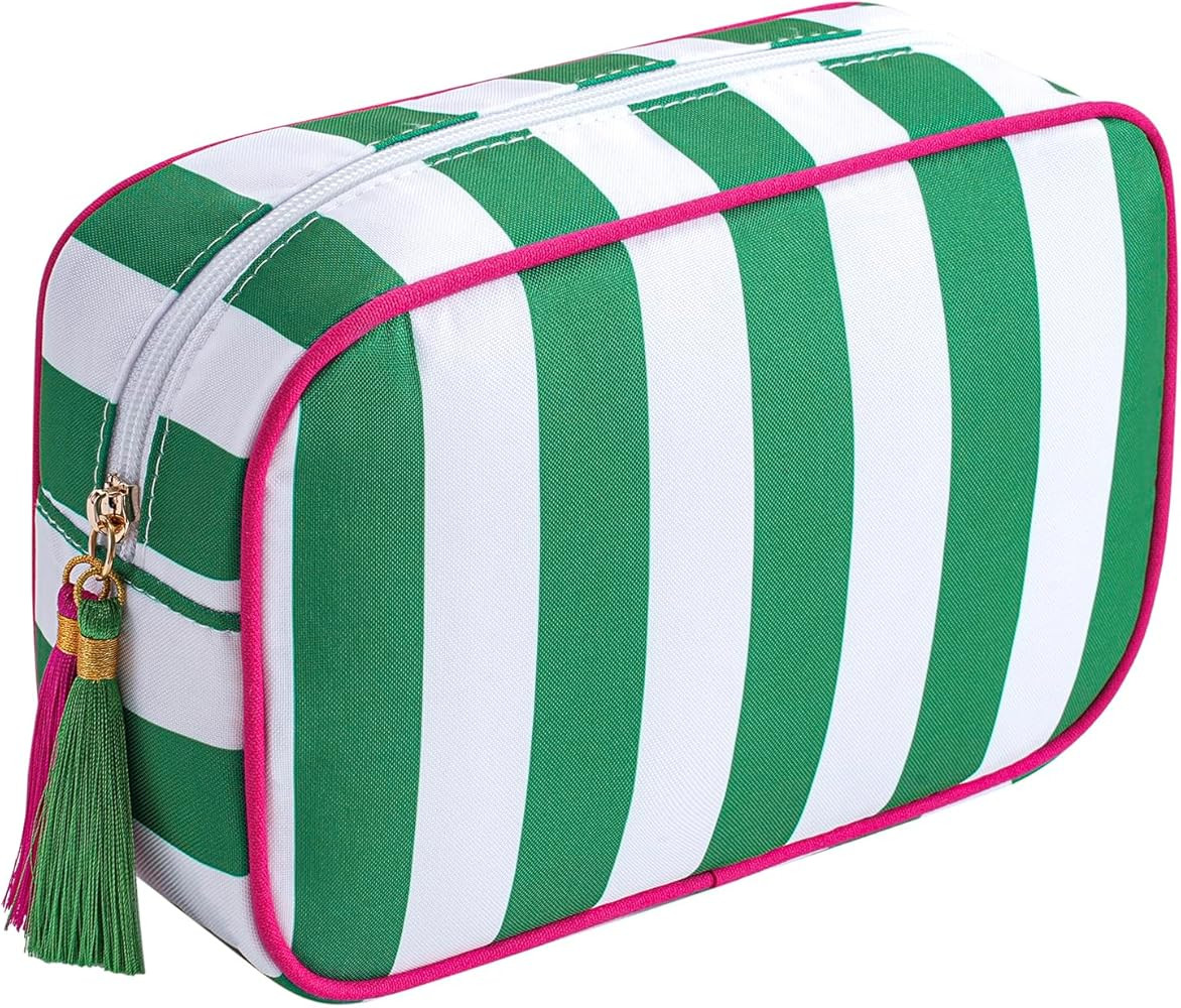 RSRSLEII Large Striped Zipper Makeup Bag, Aesthetic Tassel Travel Cosmetic Bag, Coquette Toiletry Bag, Cute Girls Handbags Purses, Preppy Accessories Storage Bag for Women Girls (10 Dark Green) | Amazon (US)