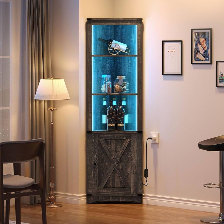 YITAHOME Corner Storage Cabinet with LED Light, Farmhouse Tall Corner Cabinet with Barn Door Desi... | Amazon (US)