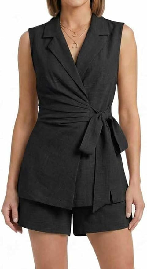 Women's Summer 2 Piece Short Sets Sleeveless Notch Lapel Suit Vest Tops High Waist Shorts Busines... | Amazon (US)