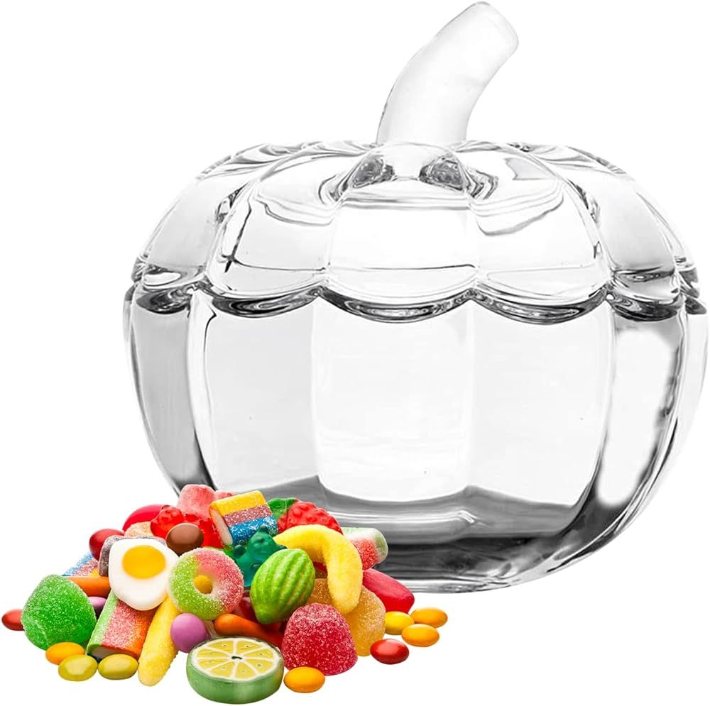 LIDSCURA Glass Pumpkin Jar with Cover, Halloween Pumpkin Candy Bowl with Lid, Transparente Pumpki... | Amazon (US)