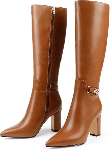 JOY IN LOVE Women's High Block Heel Wrinkled Slouchy Zipper Knee High Boots | Amazon (US)