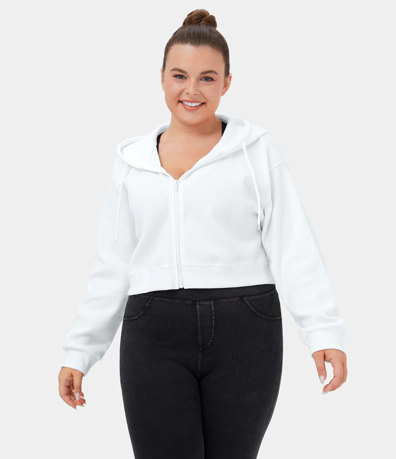 Halara Waffle Hooded Drawstring Zipper Plus Size Cropped Casual Sports Sweatshirt - White - 4X | HALARA