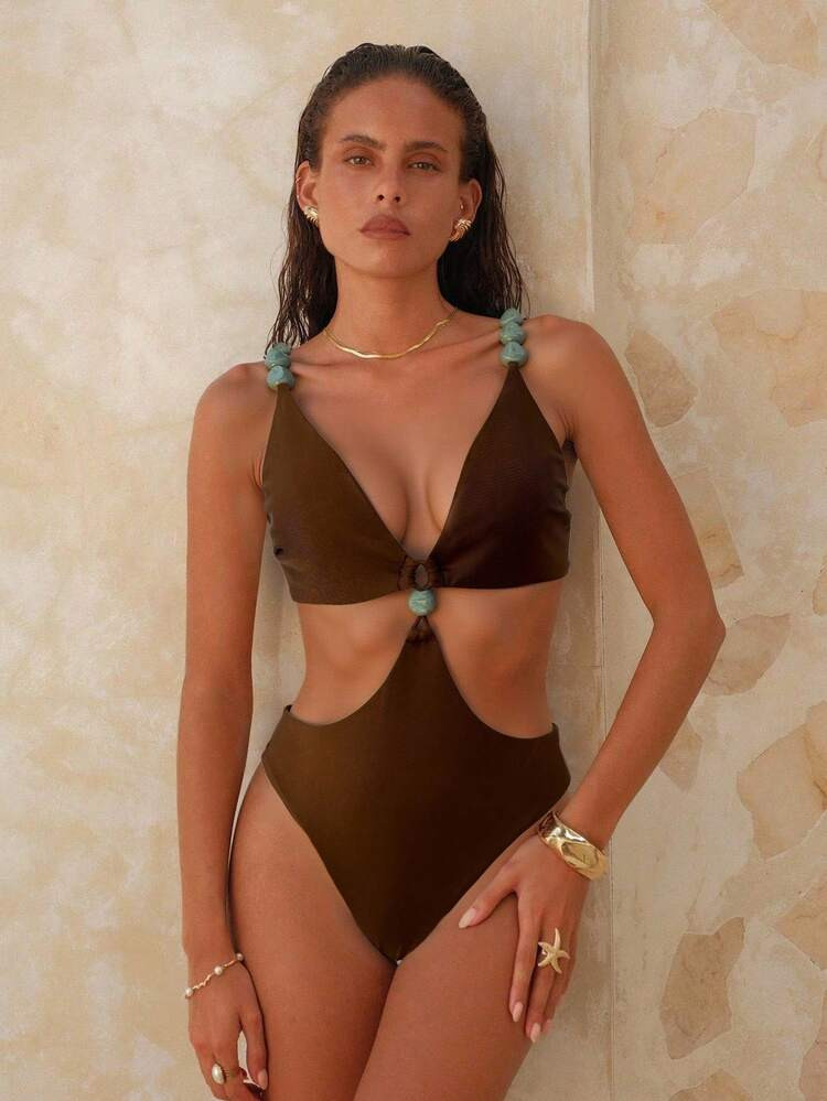 Swim Chiccia Women's Elegant Vacation Green Beaded Decor Brown V-Neck Hollow One-Piece Swimsuit Set | SHEIN