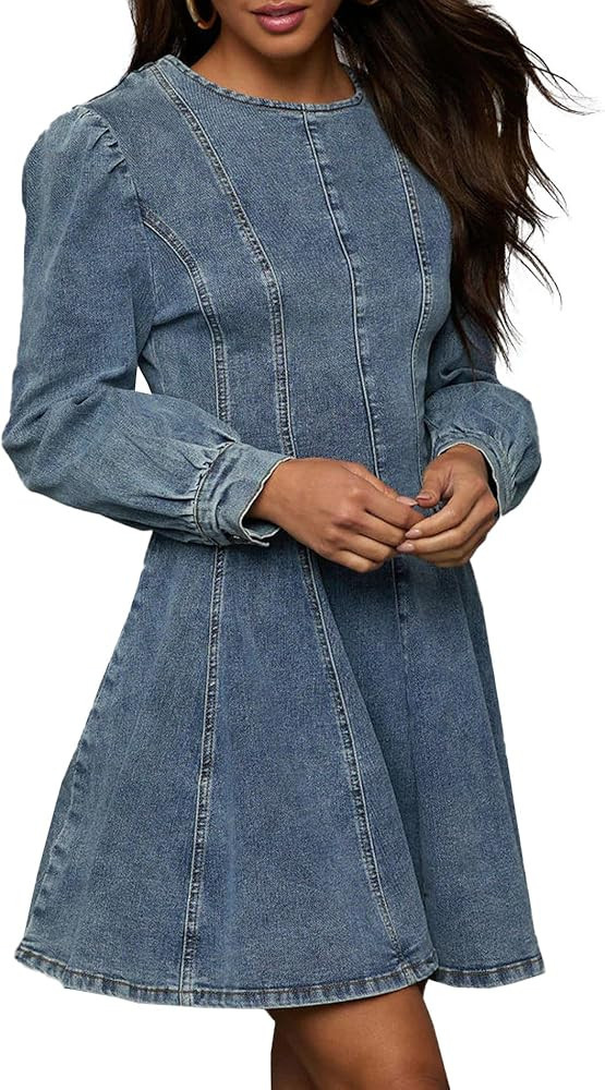 SOMTHRON Women's Long Sleeve Denim Mini Dress Crewneck Ruffle Flare A Line Fall Short Jean Dress | Amazon (US)