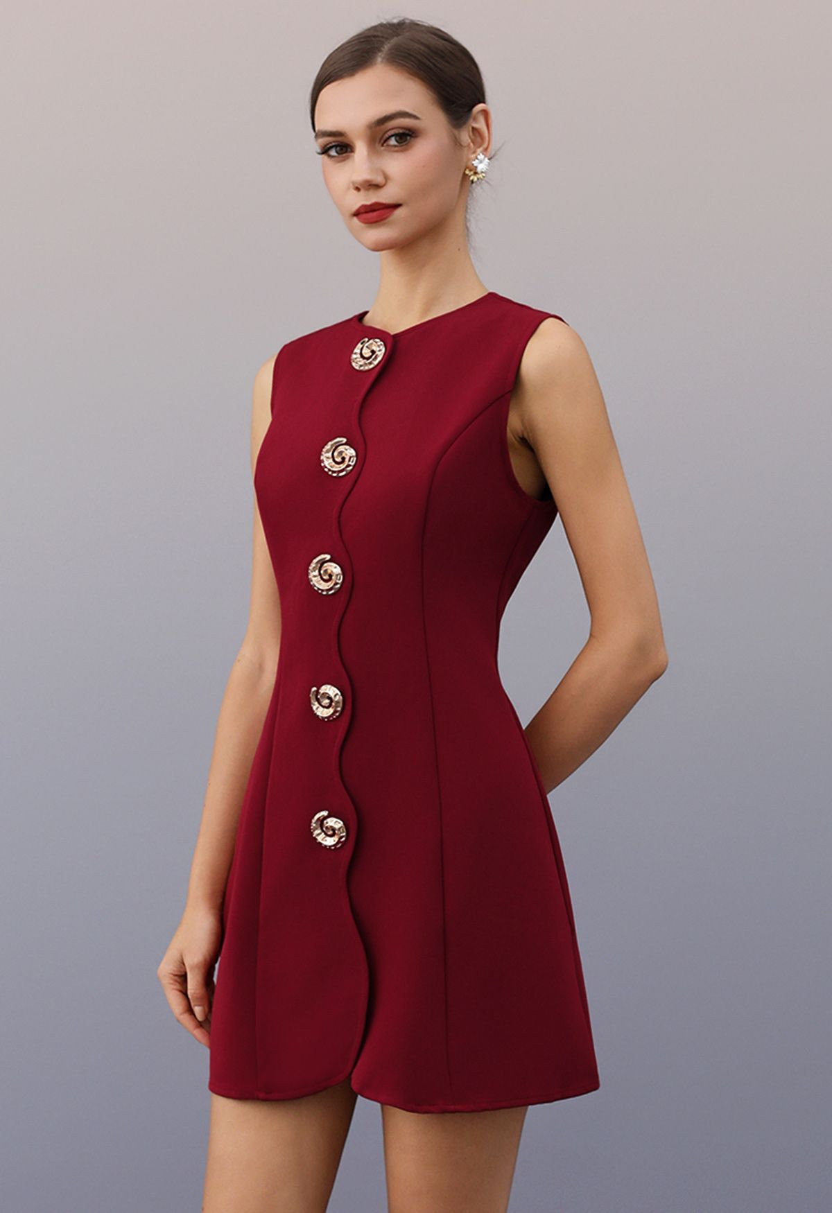 Spiral Button Decor Sleeveless Mini Dress in Burgundy | Chicwish