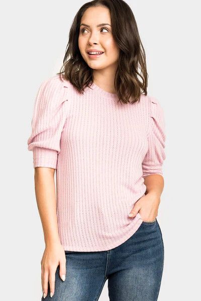 Pointelle Rib Sweater with Pleated Puff Sleeve | Gibson
