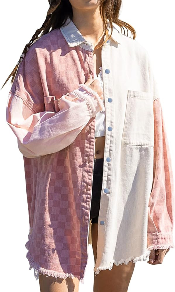 Women's Long Sleeve Outwear Plaid Jacket Contrast Color Checkerboard Front Pockets Turn-Down Coll... | Amazon (US)