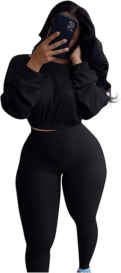 Womens Ribbed 2 Piece Outfits Long Sleeve Crop Top Pullover Skinny Long Pants Sweatsuits Set Trac... | Amazon (US)