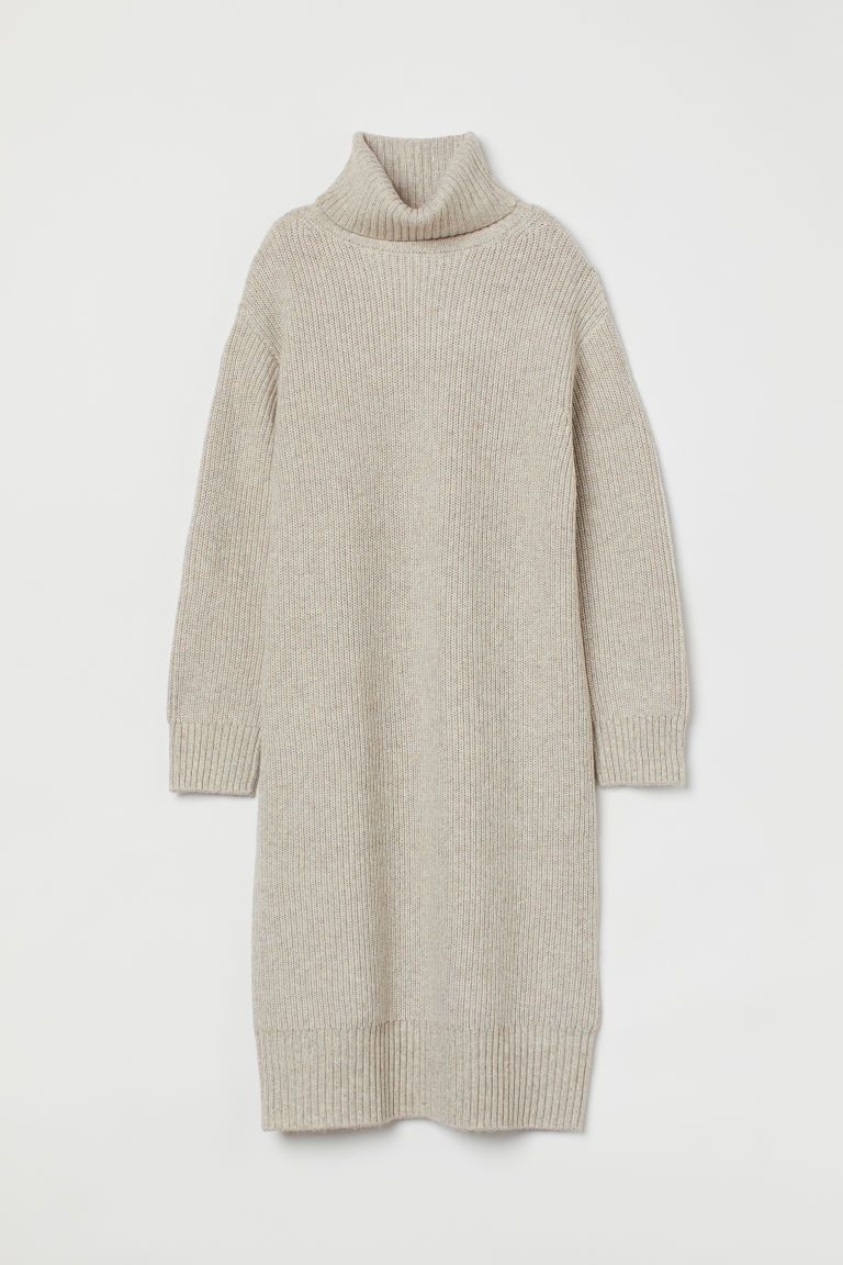 H & M - Rib-knit Turtleneck Dress - Beige | H&M (US)