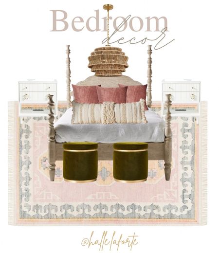 Bedroom decor 
Anthropologie home decor 
Green velvet ottoman 
Tassel lumbar pillow 
Rattan chandelier 
Cane chandelier 
Rug
Nightstand 
Bed 


#LTKhome #LTKfindsunder100 #LTKstyletip
