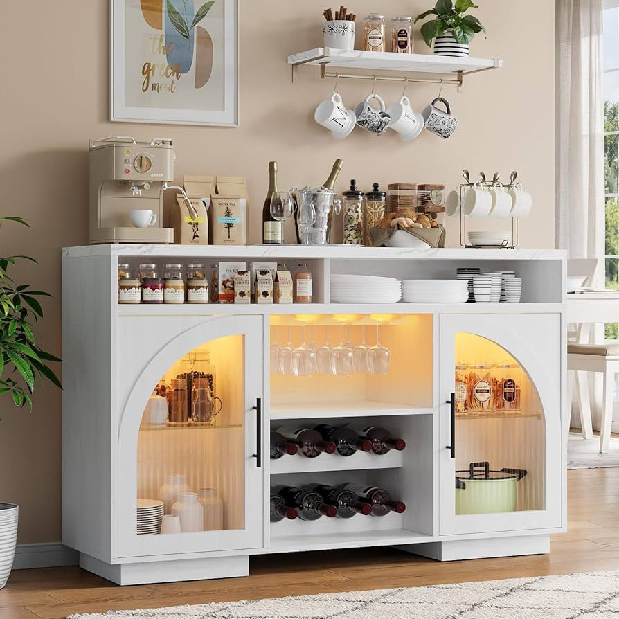 Sideboard Buffet Cabinet, 54" Kitchen Cabinet with LED Lights & Arched Glass Doors, Tall Bar Cabi... | Amazon (US)