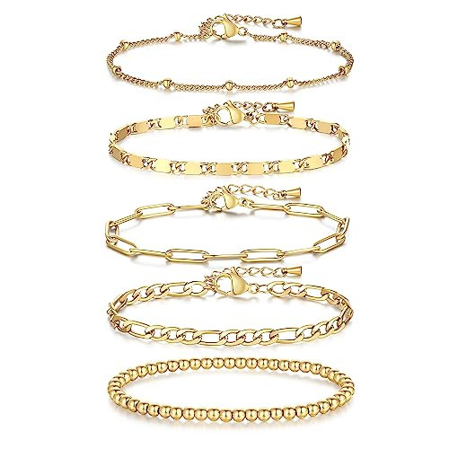 Gold Beaded Bracelets for women Trendy Stackable Summer Bracelets Jewelry Dainty 14K Gold Plated Paperclip Link Chain Bracelet Set Non Tarnish Gold Stretch Bracelet Birthday Christmas Gifts | Amazon (US)