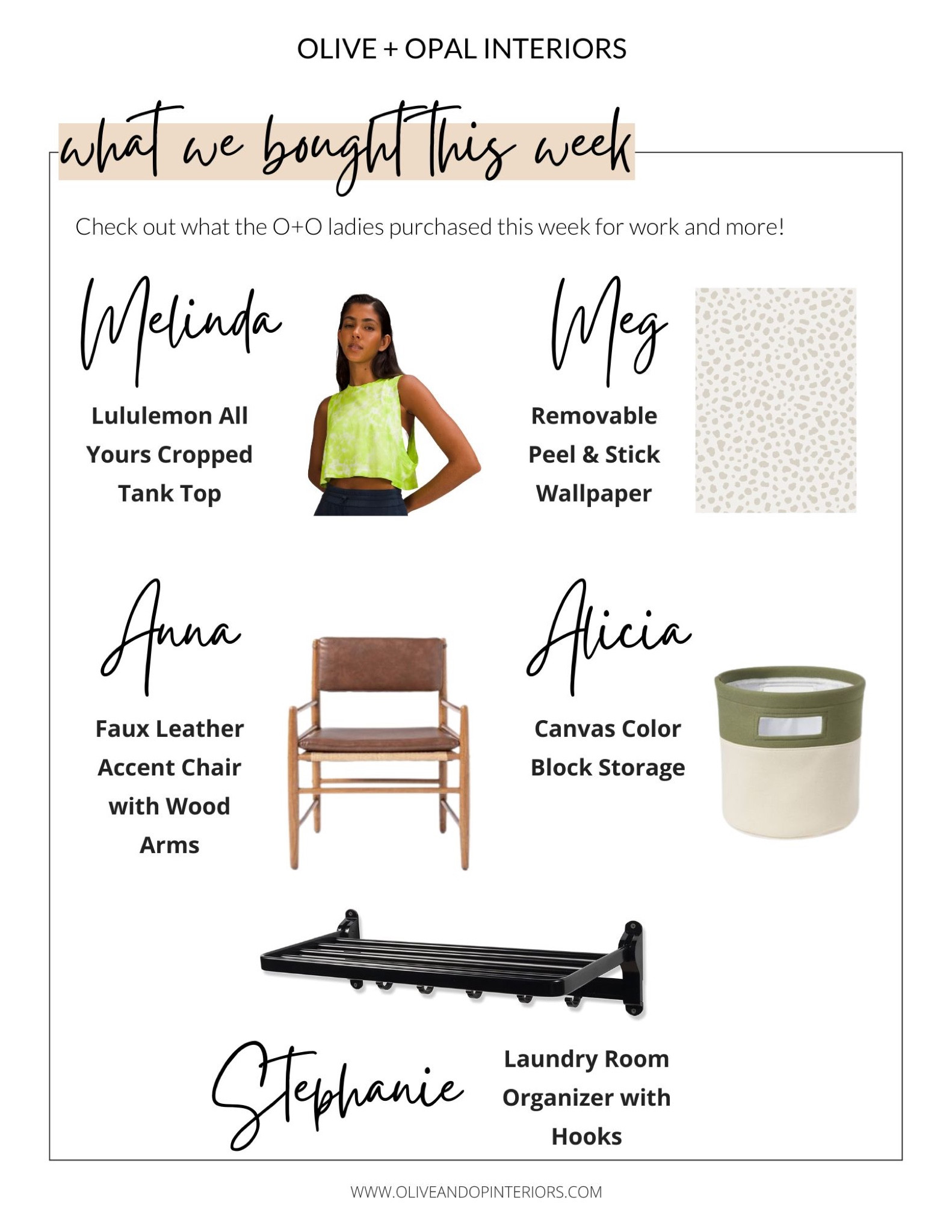Check out some of the purchases our team made this week — from accent chairs to kid’s decor!
.
.
.
Peel and Stick Wallpaper 
Leather Chair
Accent Chair
Wooden Arms
Crop Tank
Canvas Storage
Kid’s Room
Laundry Room
Hanging Rack
Target
Lululemon
Amazon 

#LTKhome #LTKfamily #LTKSale