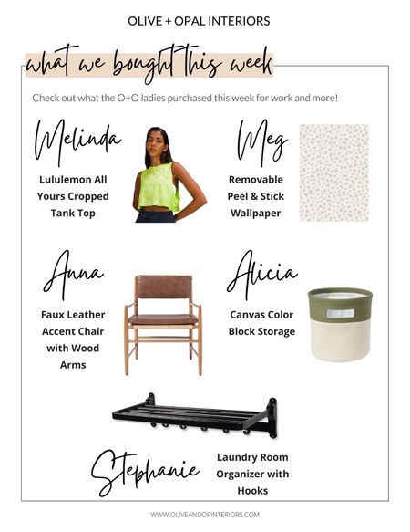 Check out some of the purchases our team made this week — from accent chairs to kid’s decor!
.
.
.
Peel and Stick Wallpaper 
Leather Chair
Accent Chair
Wooden Arms
Crop Tank
Canvas Storage
Kid’s Room
Laundry Room
Hanging Rack
Target
Lululemon
Amazon 

#LTKhome #LTKfamily #LTKSale