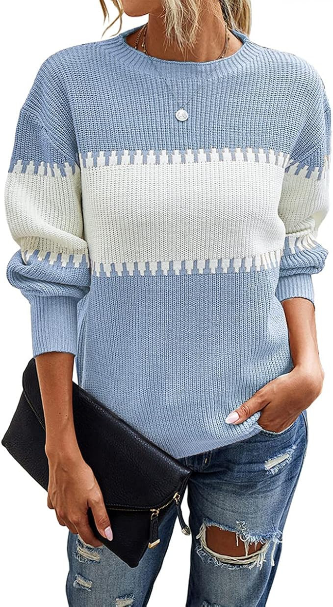 Womens Color Block Knit Sweater Long Sleeve Crewneck Loose Jumper Pullover Tops | Amazon (US)