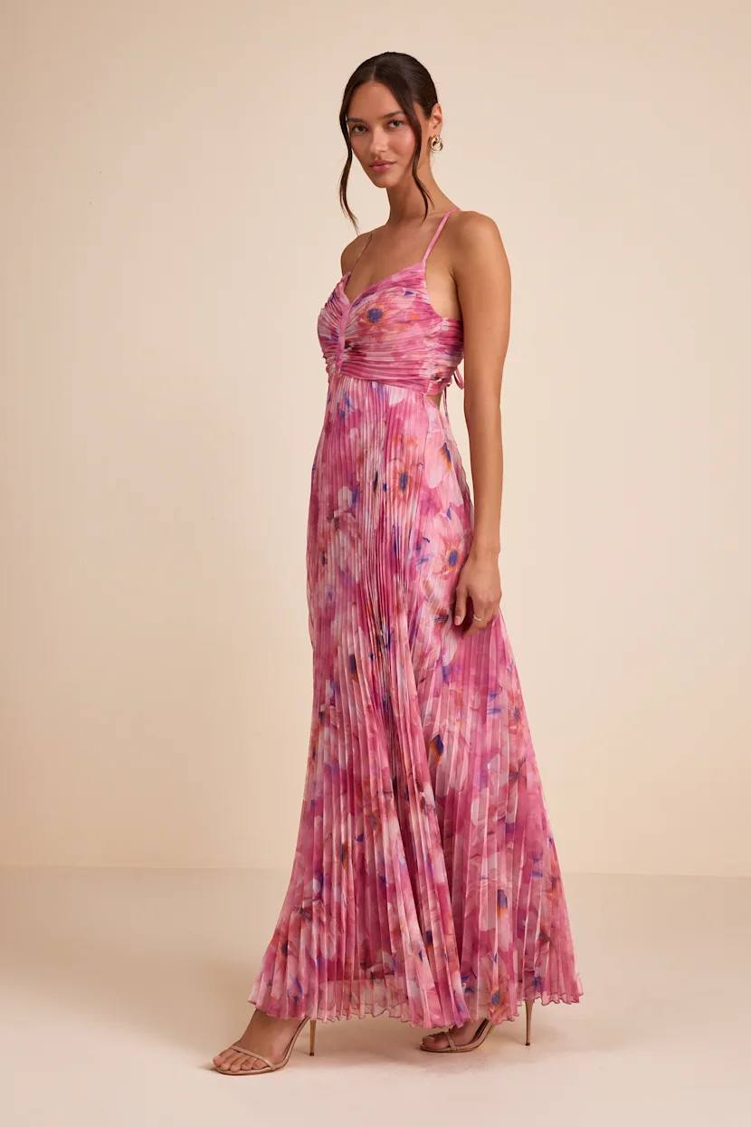 Whitley Pink Floral Pleated Sleeveless Maxi Dress | Lulus