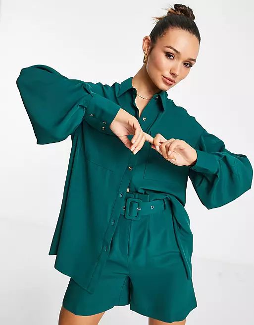 Extro & Vert pleated oversized shirt and paperbag bermuda short set in dark green | ASOS | ASOS (Global)