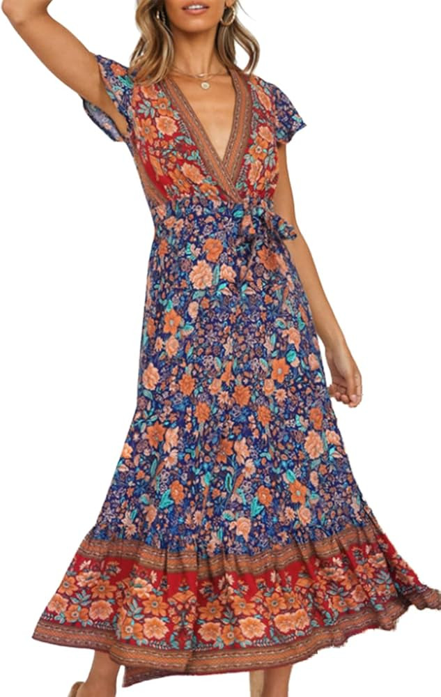 PRETTYGARDEN Women Boho Summer Side Split Deep V Neck Short Sleeves Maxi Dress with Belt | Amazon (US)