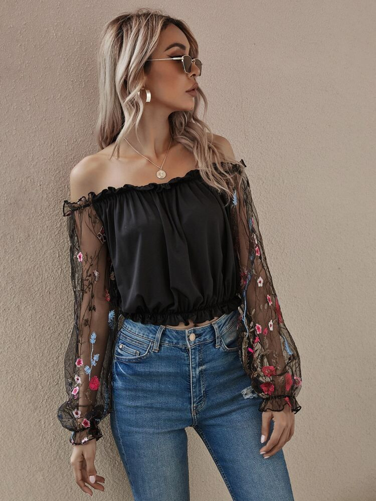 Flower Mesh Embroidered Sleeve Bardot Top | SHEIN