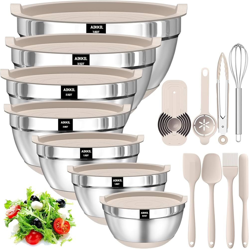 Mixing Bowls with Airtight Lids, 20 Piece Stainless Steel Metal Nesting Bowls, AIKKIL Non-Slip Si... | Amazon (CA)