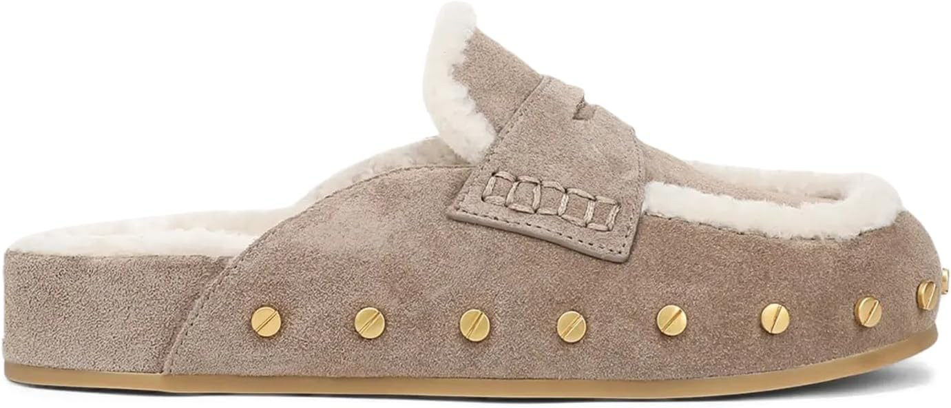 Fur Lined Clogs for Women Fuzzy Studded Slippers Comfortable Slip On Mules Closed Round Toe Fall Winter Casual Flat Shoes | Amazon (US)