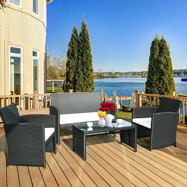 Costway 4PCS Patio Rattan Wicker Furniture Conversation Set Cushioned Sofa Table | Walmart (US)